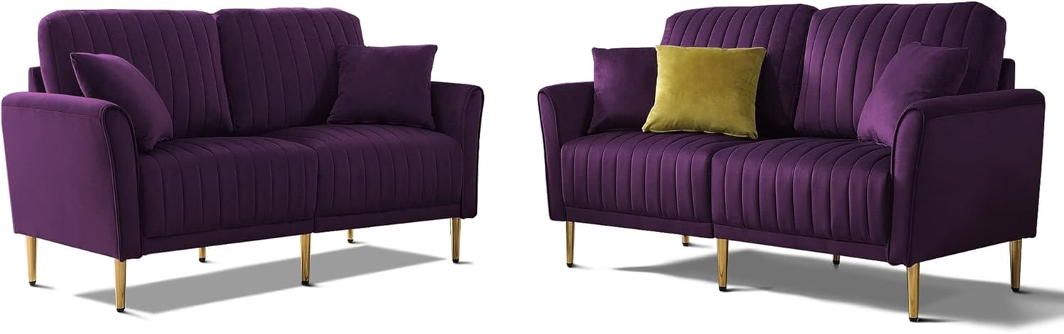 2 Piece Set with Sofa and Loveseat Couches Reversible Back Pillows Velvet Padded Seat Sectional for Living Room Armrest Purple Solid Modern