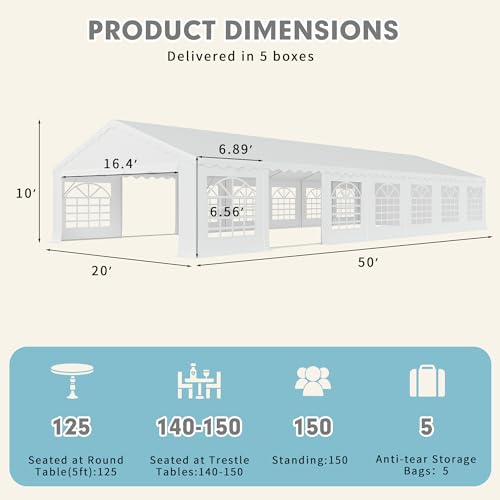 EROMMY 20x50FT Heavy Duty Party Tent, Outdoor Wedding Canopy with Removable Sidewalls, 2 Roll-up Doors, 5 Storage Bags