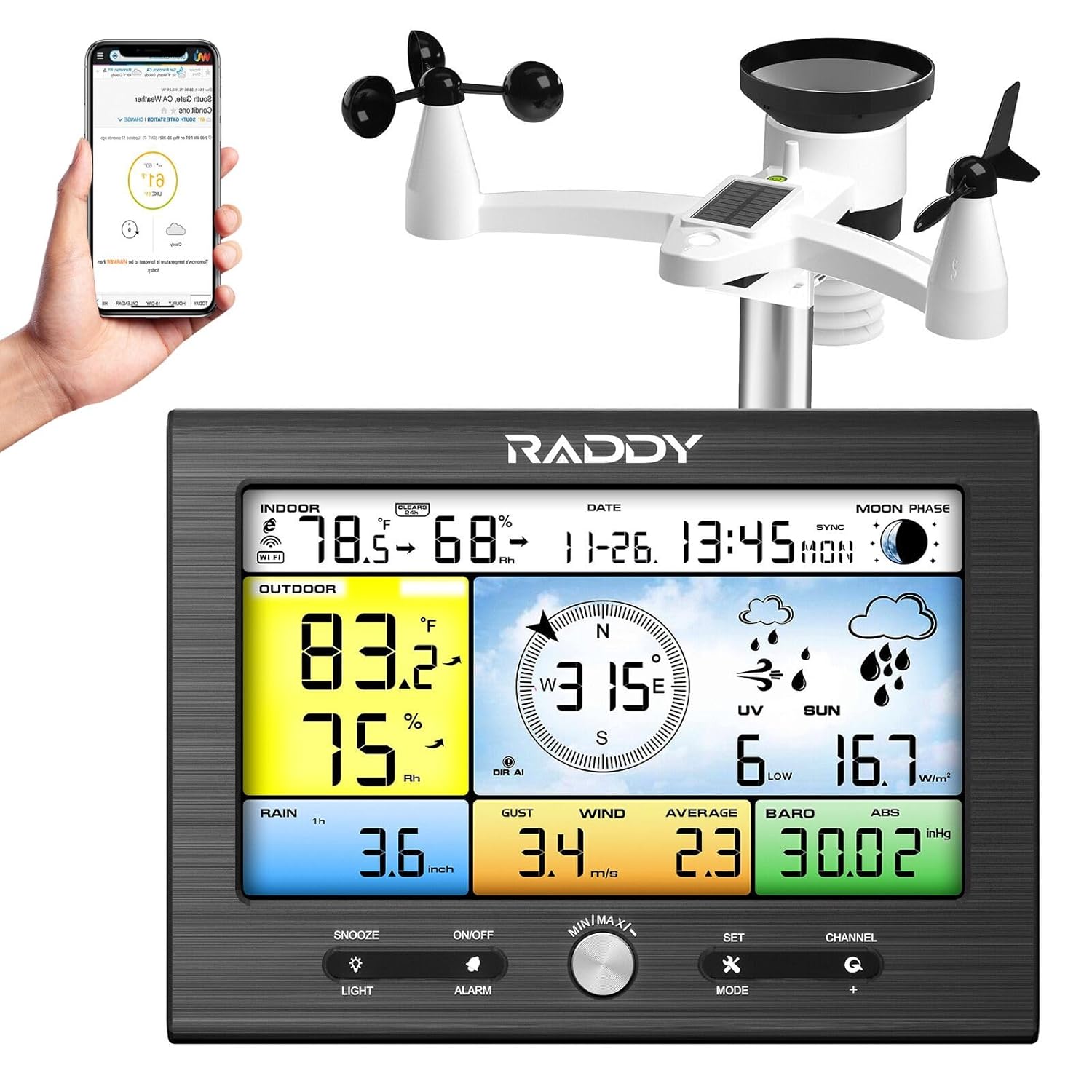 Raddy WF-100SE 13-in-1 Weather Station Wi-Fi, Wireless Weather Station Indoor Outdoor with Rain Gauge, Wind Gauge, UV Index, Barometric