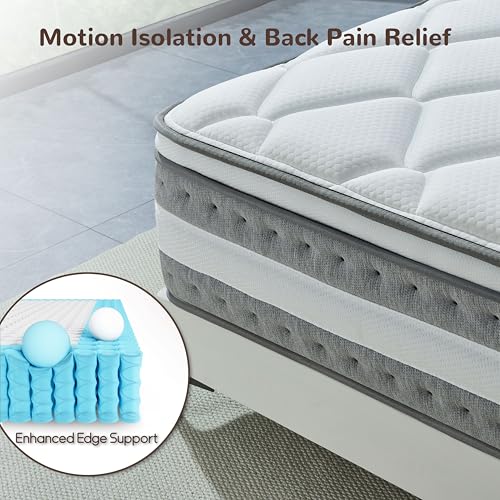 Queen Mattress, 14 Inch Hybrid Mattresses in a Box, Individually Wrapped Pocket Coils for Isolate Motion, Gel Memory Foam, Medium Firm Support