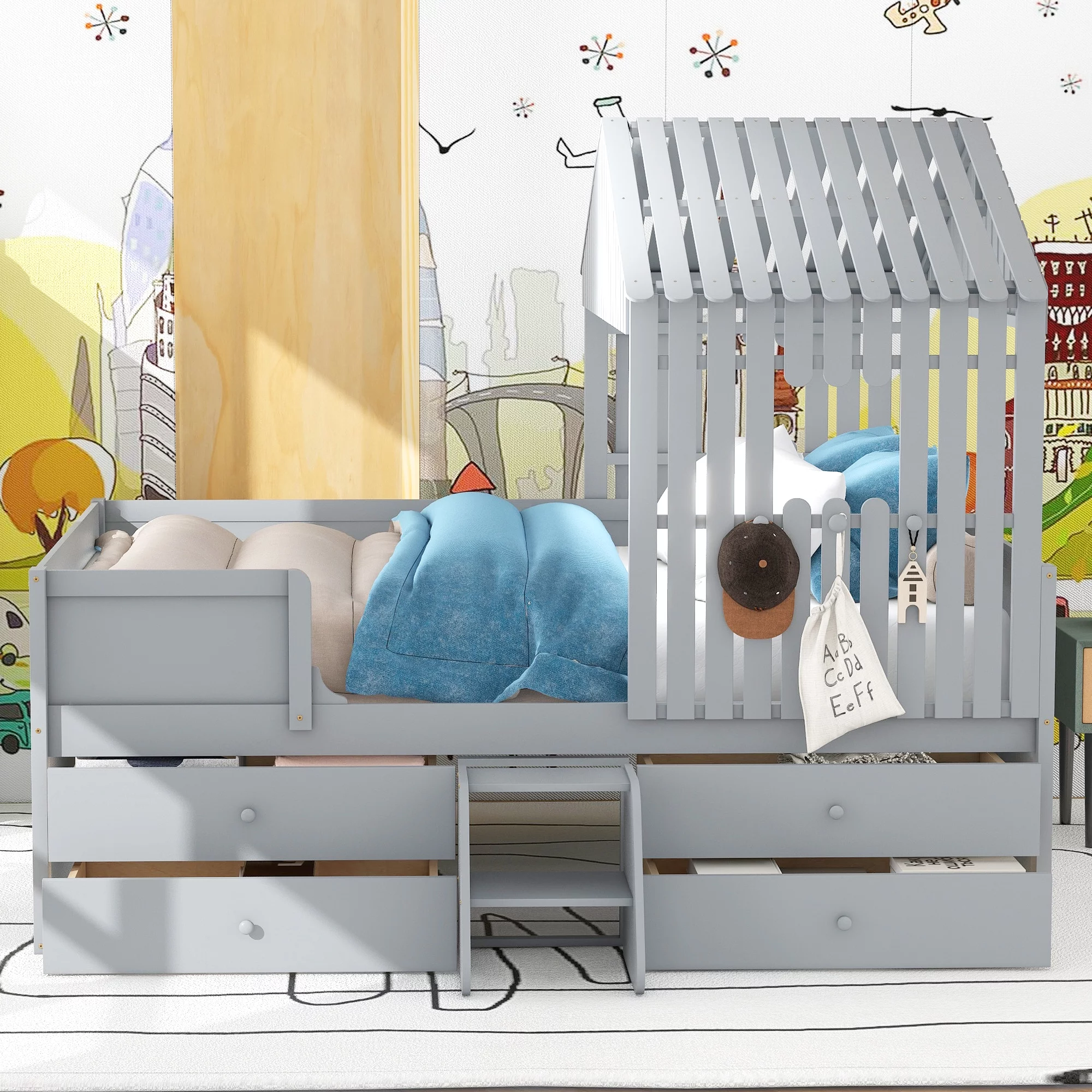 Full Size House Low Loft Bed with Four Drawers,Gray