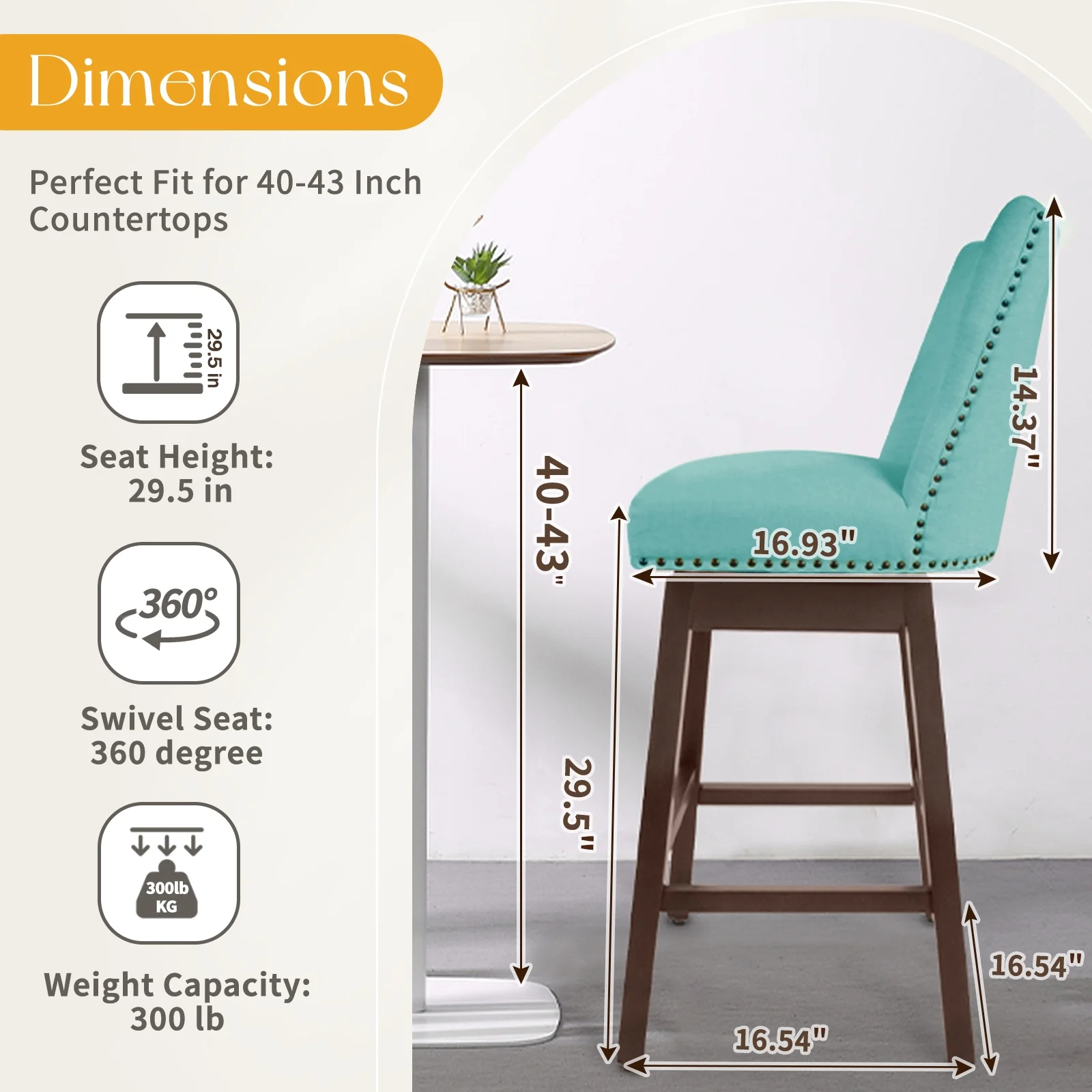 SERWALL Swivel Counter Height Bar Stools Set of 2, Morden Upholstered Dining Barstools with Back for Kitchen, Tiffany