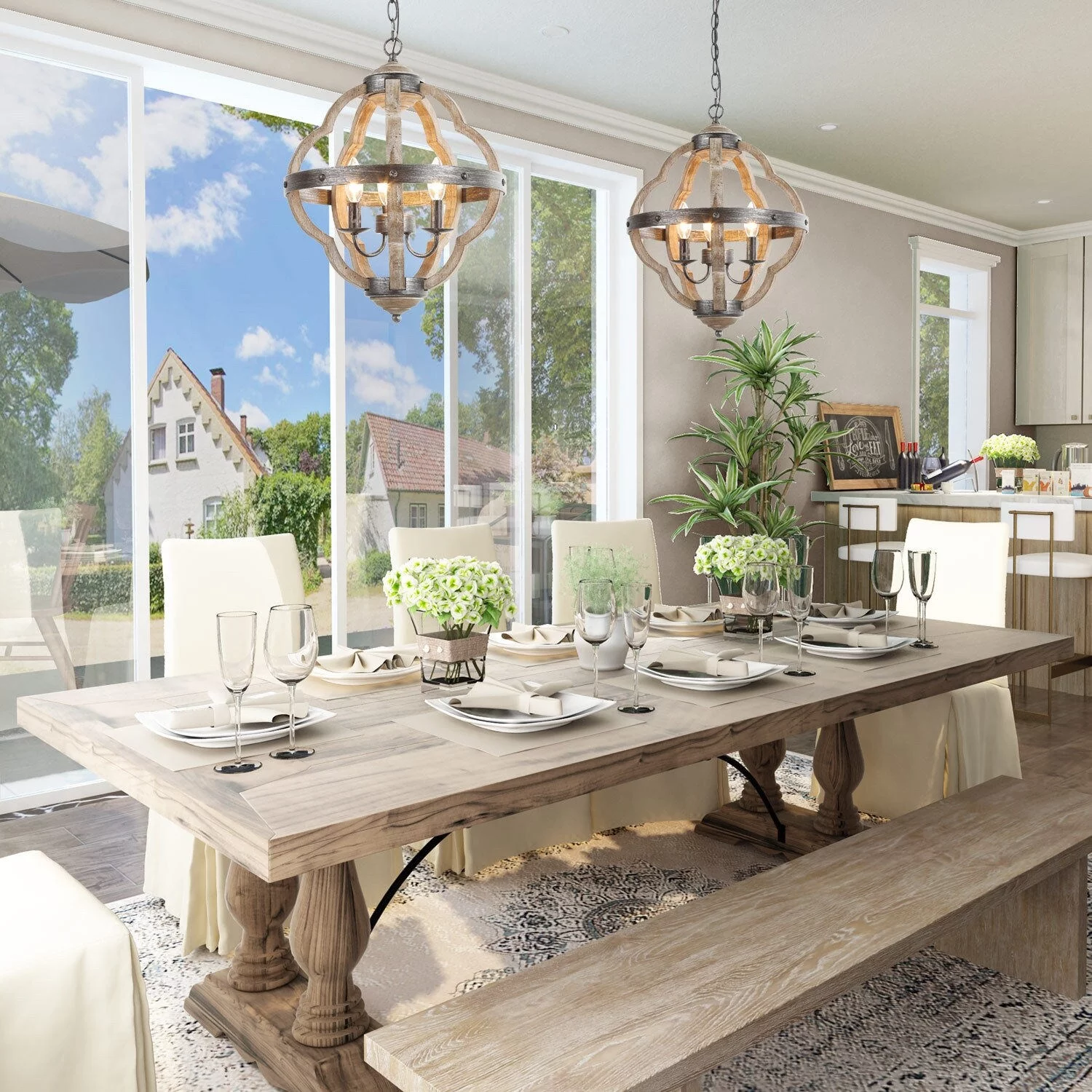 LNC Farmhouse 3-Light Wood Lantern Chandelier for Kitchen Island Dining Room W15" x H19" Distressed, Aged, Painted