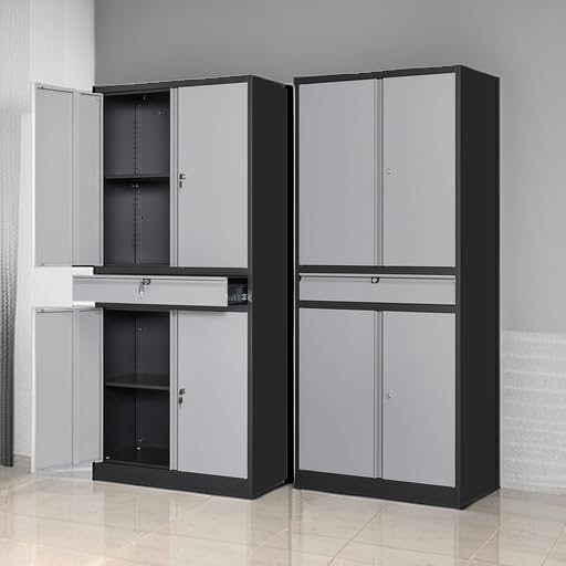 Letaya Metal Garage Storage Cabinet with Drawer,4 Door Tool Cabinet with Lock-2 Adjustable Shelves for Garage Home Office Utility Room (Black)