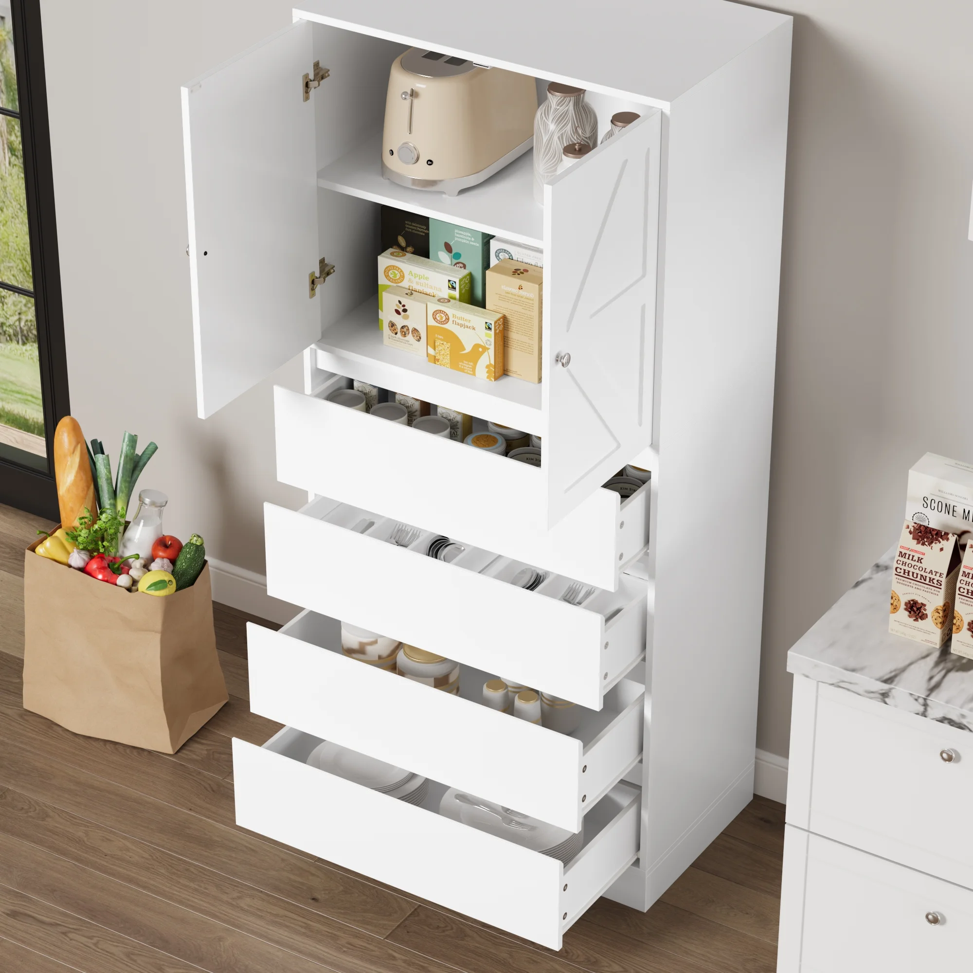 Homfa 64.2'' Tall Farmhouse Kitchen Pantry Storage Cabinet, 4 Drawer Wood Freestanding Storage Cabinet for Home Office Small Spaces, White