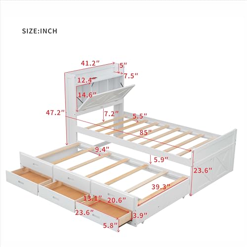 Harper & Bright Designs Twin Size Captain Platform Bed with Bookcase Headboard, Wood Twin Bed Frame with Storage Drawers and Shelves