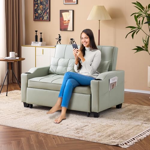 VINGLI Light Green Futon Sofa Bed Convertible Loveseat Sleeper Couch, Faux Leather Pullout Sofa Fold Out Couch Bed with USB Ports, Cup Holders
