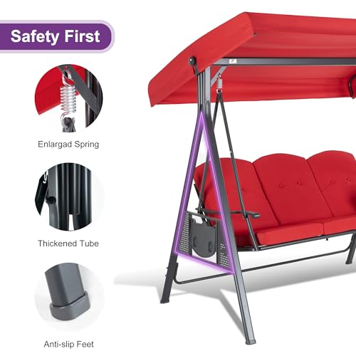 PURPLE LEAF Outdoor Patio Porch Swing with Adjustable PVC Canopy, 3-seat Swing Chair Bench with Side Cup Holder for Backyard Front Porch Lawn