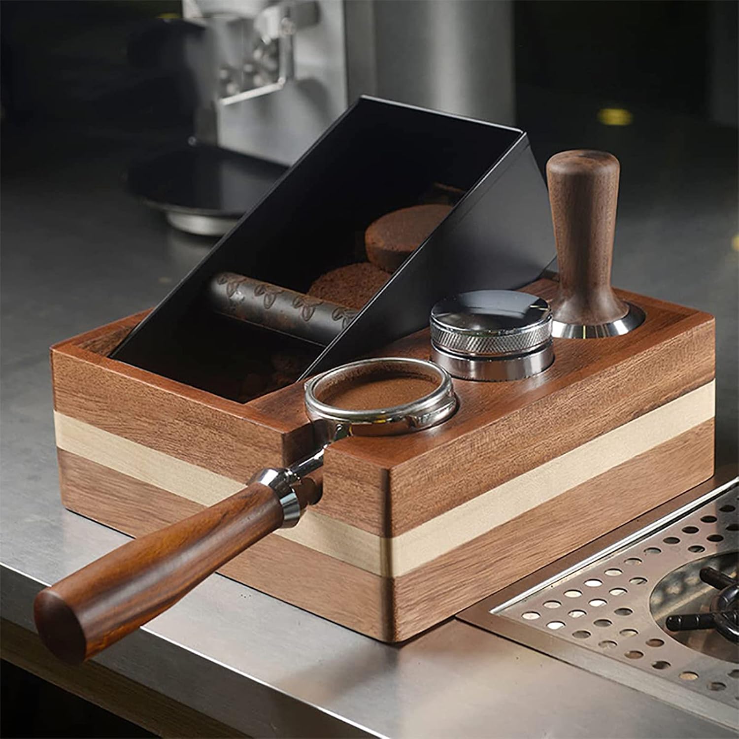 Wooden Espresso Knock Box, 4 in One 58mm Tamper Holder with Card Slot Design & Removable Grounds Box, Make Your Desktop Neat & Consistent, for Tamper