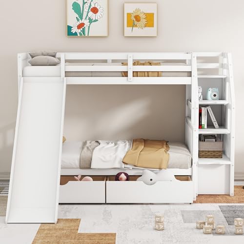 Harper & Bright Designs Bunk Beds Twin Over Full Size, Bunk Bed with Trundle,Storage Shelf and Stairway