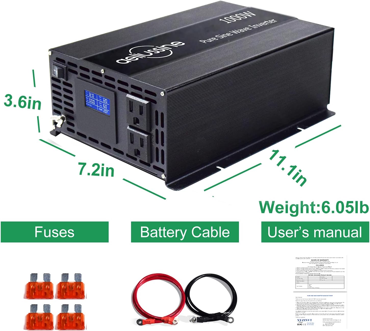 aeliussine 1000w Inverter Pure Sine Wave Power Inverter 12v dc to ac 110v 120v with 2 US Socket, LCD Display and Earth Terminal, for Car RV, Truck