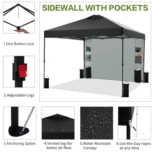 10'x10' Pop Up Canopy Tent with 1 Sidewall and 6 Pockets, One Push Setup, Instant Shade Tent with Vented Roof for Beach Patio Outdoor, Case, 8 Stakes