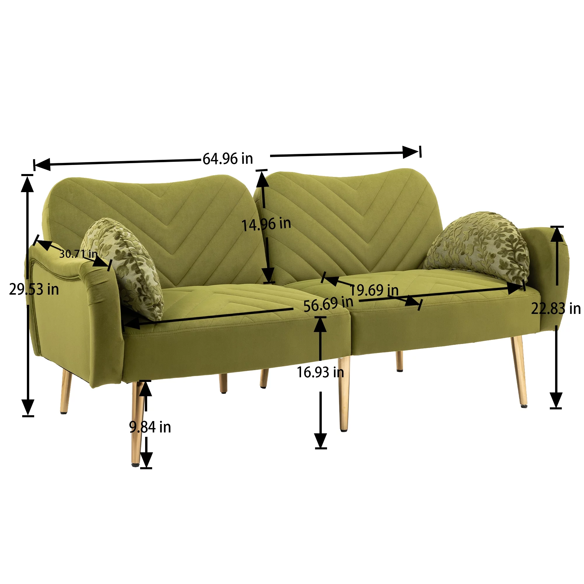 Pouseayar 65" Futon Sofa Bed, Upholstered Convertible Folding Sleeper Sofa Bed with Pillows for Living Room, Bedroom, Green