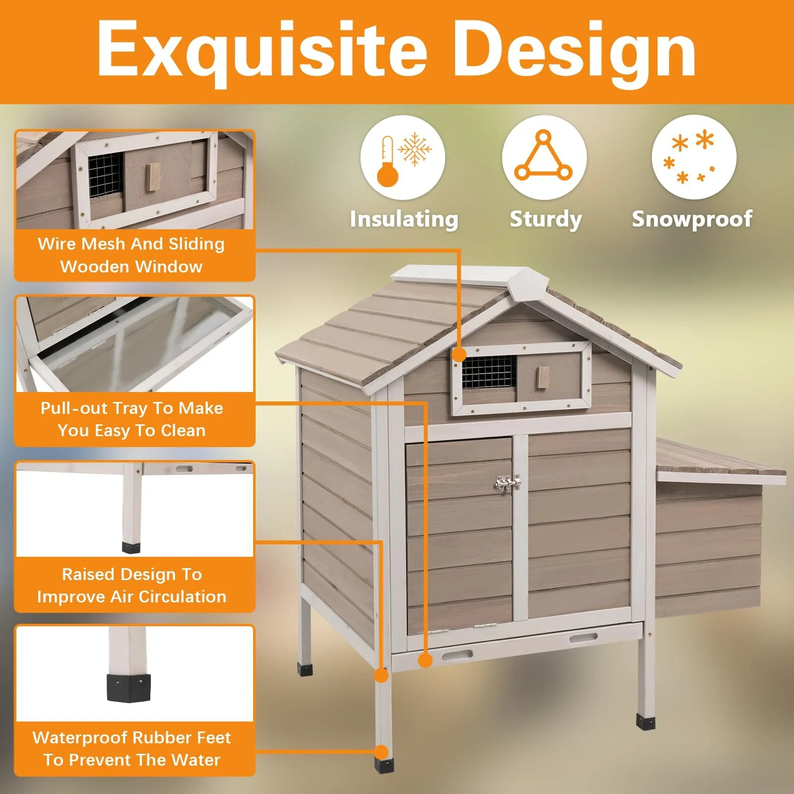 PETSCOSSET Chicken Coop Rabbit Hutch with Removable Trays,Raised Floor Hen House with Nesting Box