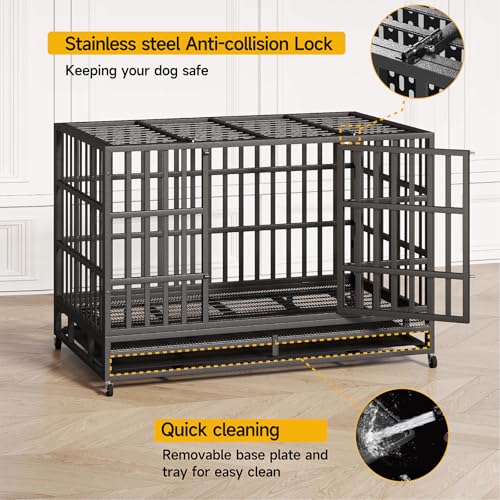 48 Inch Heavy Duty Dog Crate – Indestructible Steel Cage for Large Dogs, Double Door High Anxiety Cage with Removable Tray & Locking Wheels