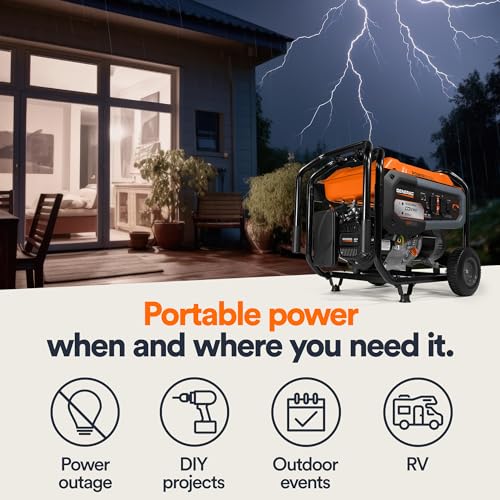 Generac 8,000-Watt Gas-Powered Portable Generator - Electric Start with COsense - PowerRush Advanced Technology - Reliable Power for Emergencies