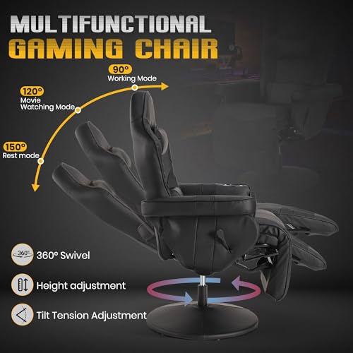 Massage Gaming Recliner Chair with Cup Holder & Side Pockets – Ergonomic PU Leather Video Gaming Chair with Footrest, Manual Recline