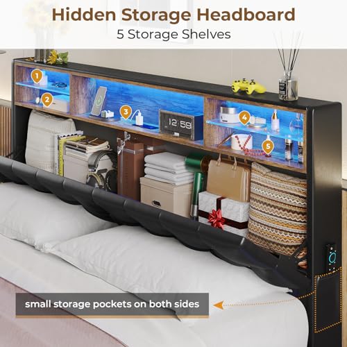 ADORNEVE King Size Floating Bed Frame with LED Lights & Hidden Storage Headboard