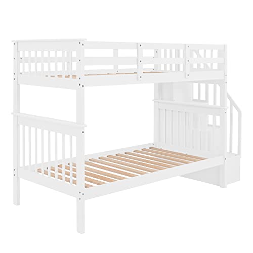 Ball & Cast Full Over Full Bunk Bed with Twin Size Trundle and Built in 4 Drawer,Wood Bunkbed w/Storage Ladder & Slat Support