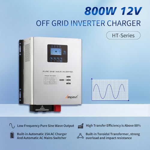 800W Pure Sine Wave Inverter with AC Charger, DC 12V to AC 120V Output,UPS Backup Power Low Frequency Inverter for Lithium, Sealed,AGM, Gel