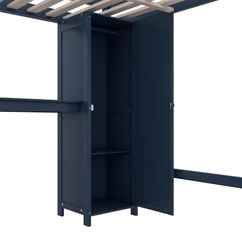 SOFTSEA Full Size Loft Bed with L Shaped Desk, Wood Loft Bed with Wardrobe, Storage Cabinet and Shelves