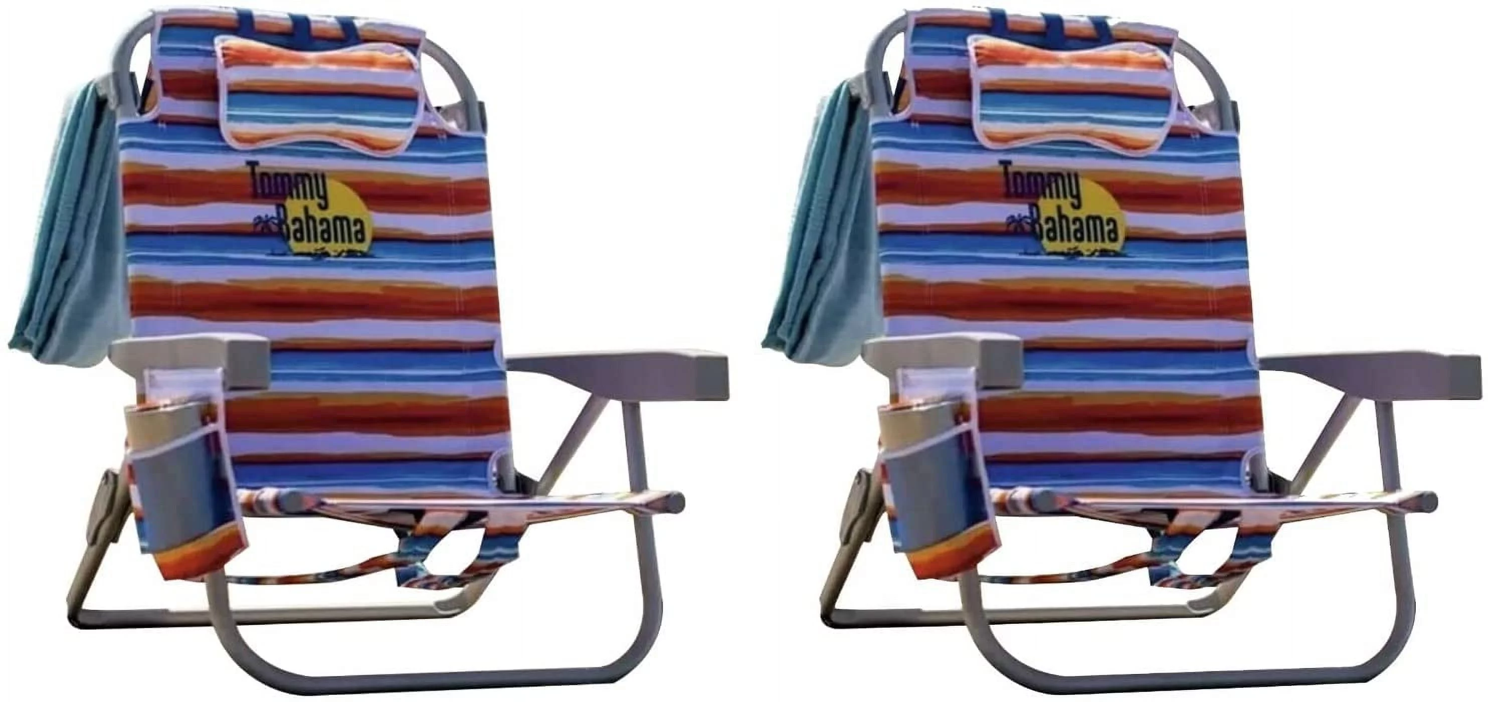 2 Pack Tommy Bahama Backpack Beach Chair with Cooler Storage Pouch and Towel Bar (Orange &Blue)