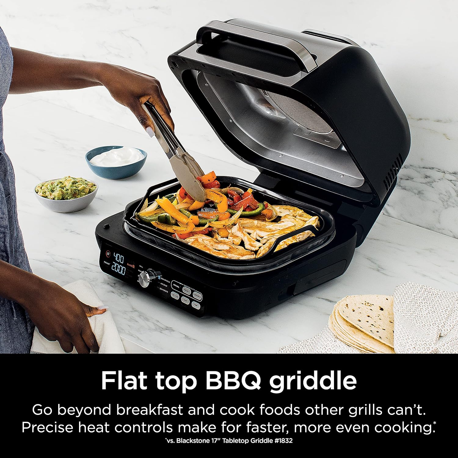 Ninja IG651 Foodi Smart XL Pro 7-in-1 Indoor Grill/Griddle Combo, use Opened or Closed, Air Fry, Dehydrate & More, Pro Power Grate, Flat Top, Crisper
