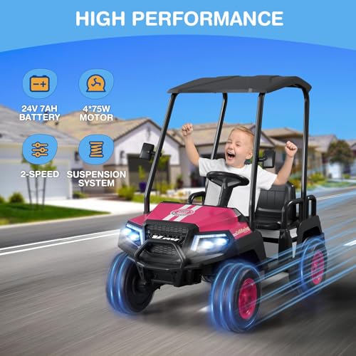 R9 24V Kids Golf Cart, 4 Seats, 4WD Kids Electric Car w/Remote Control, Detachable Awning, Spring Suspension, Multimedia Functions Including Music