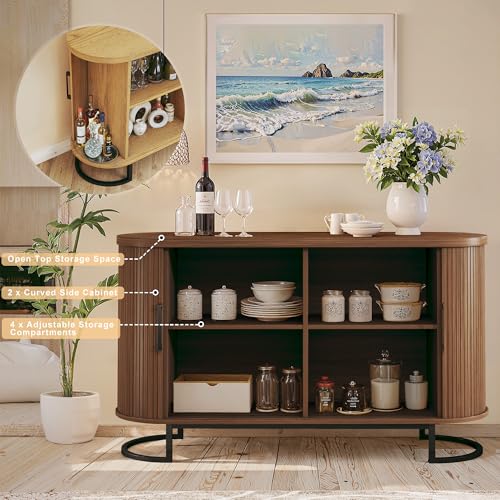 Sideboard Buffet Cabinet with Storage, 54.3" Fluted Tambour, Adjustable Shelves, Mid Century Modern Console for Living Room Kitchen Walnut