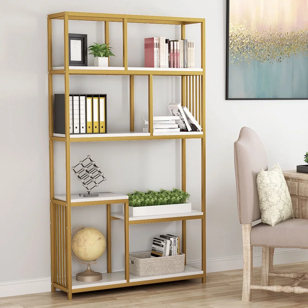 TribeSigns 7-Open Shelf Etagere Bookcase with Gold Sturdy Metal Frame