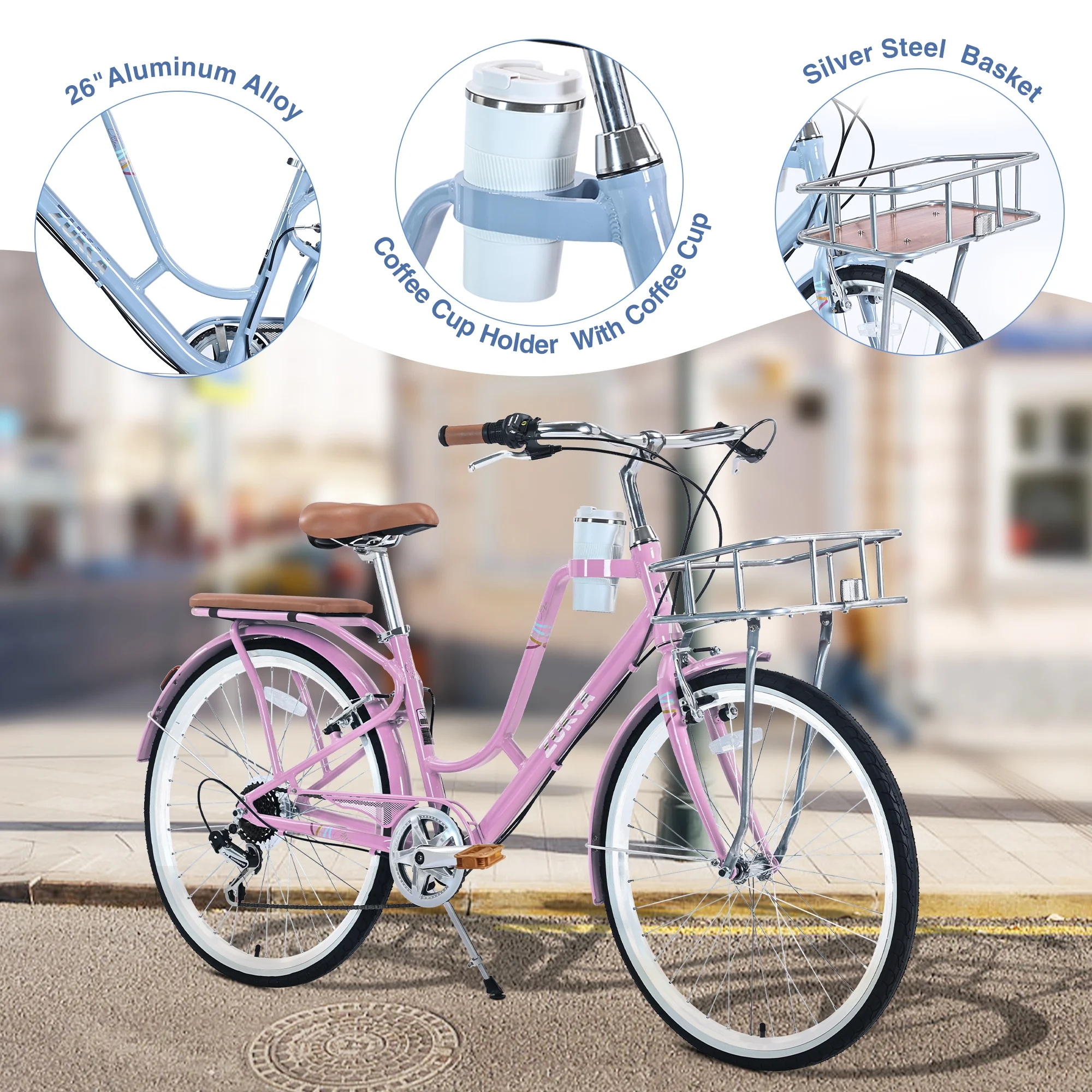 Zukka Cruiser Bike Coffee Bicycle 26 inch Women Ladies 7 Speed Bike for Shopping Pink - Radiant Selections