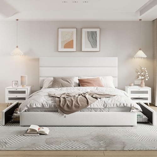 Allewie Modern Full Size Platform Bed Frame with 4 Storage Drawers and Velvet Upholstered Headboard, Wooden Slats Support