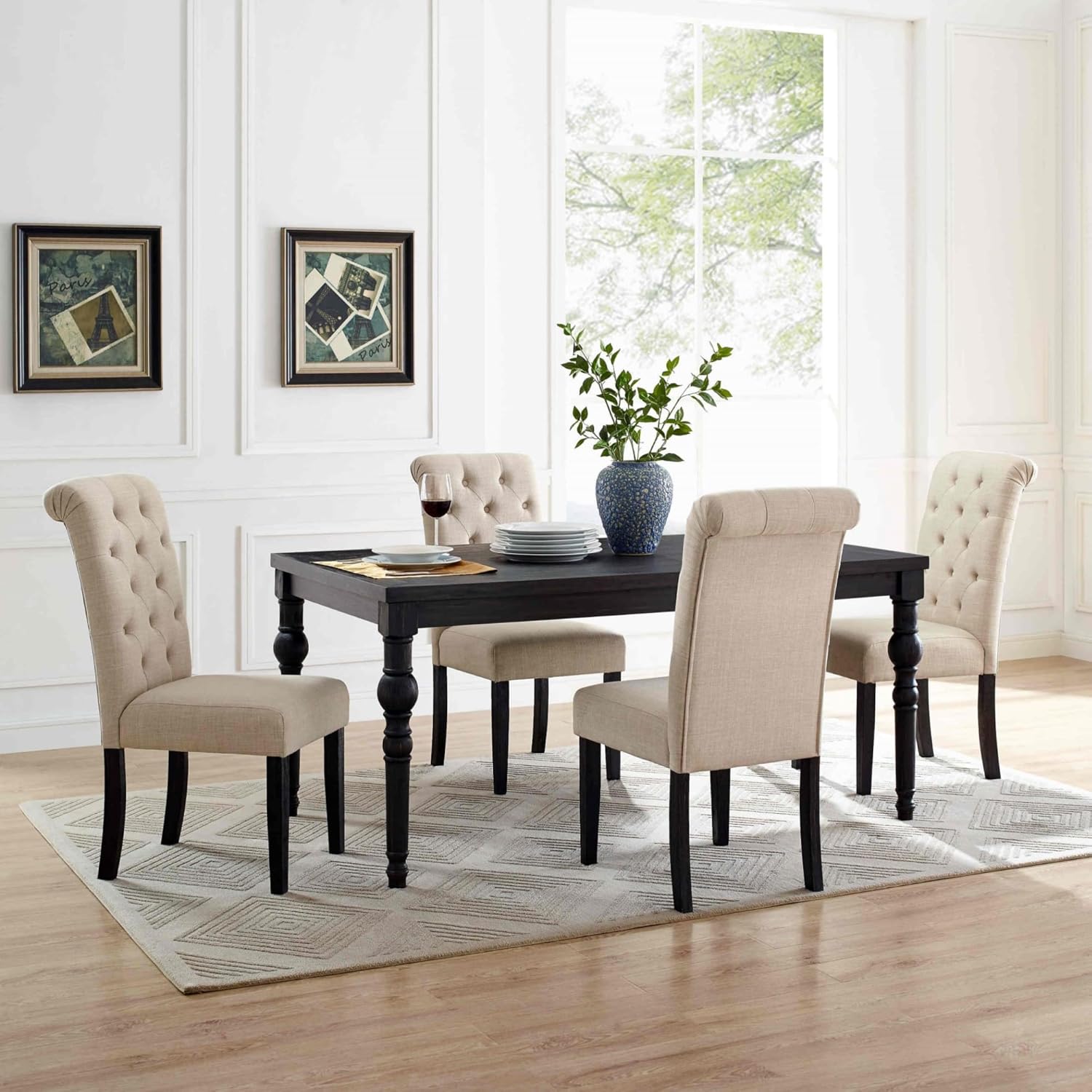 5-Piece Solid Wood Dining Table Set with 4 Upholstered Chairs Traditional Style Kitchen Furniture with Eye-Catching Turned Legs and Rich Wood Grain