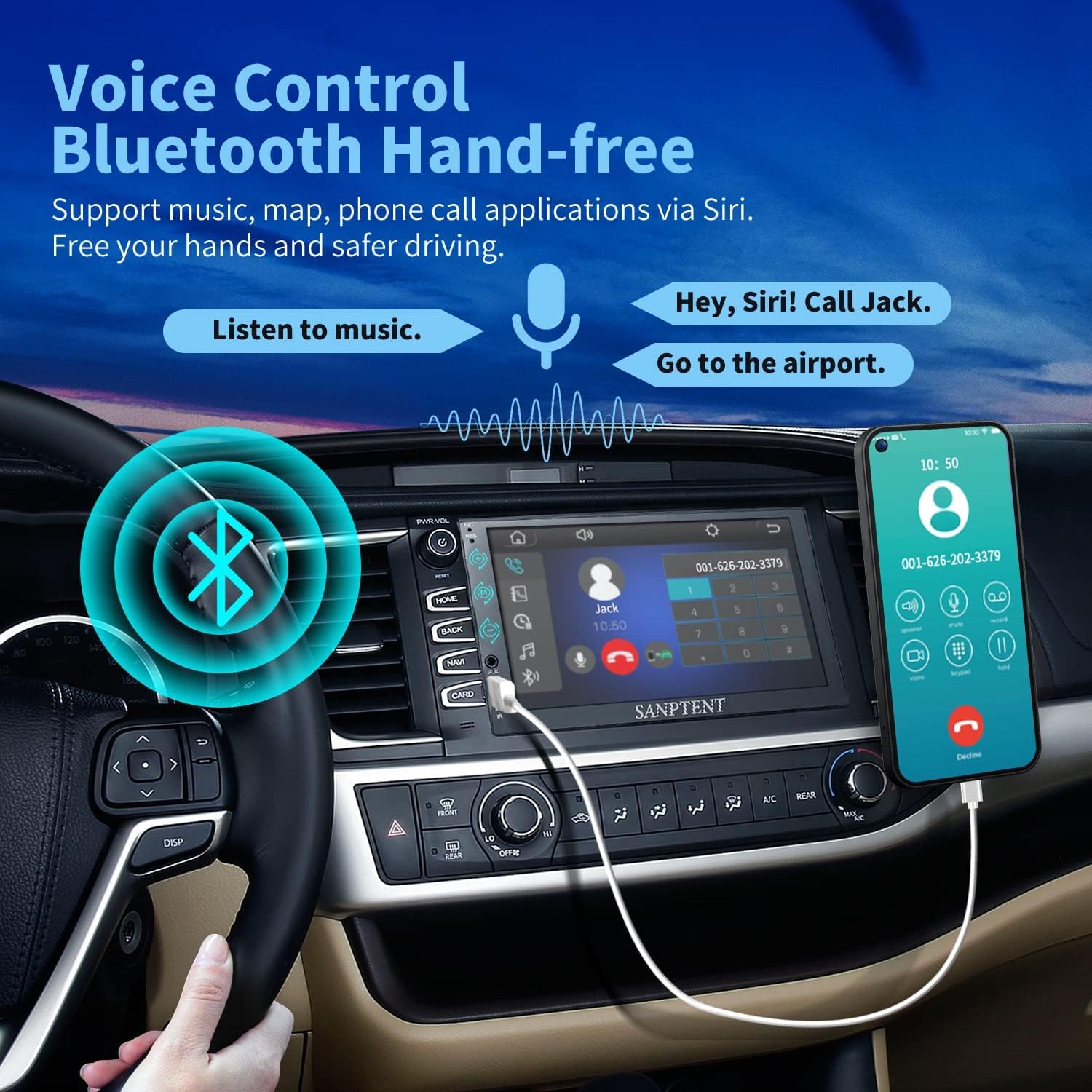 SANPTENT Double Din Car Stereo Compatible with Carplay and Android Auto, 7-Inch Touch Screen Car Stereo, Car Radio Receiver with Bluetooth
