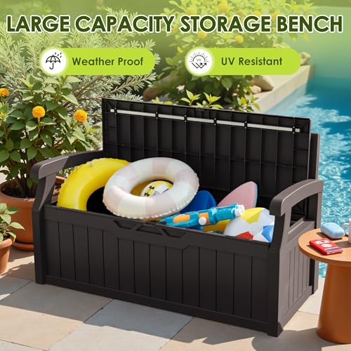 Greesum 80 Gallon Outdoor Storage Bench, Resin Patio Furniture with Armrest,Waterproof and UV-Resistant, Perfect to Garden, Poolside and Lawn