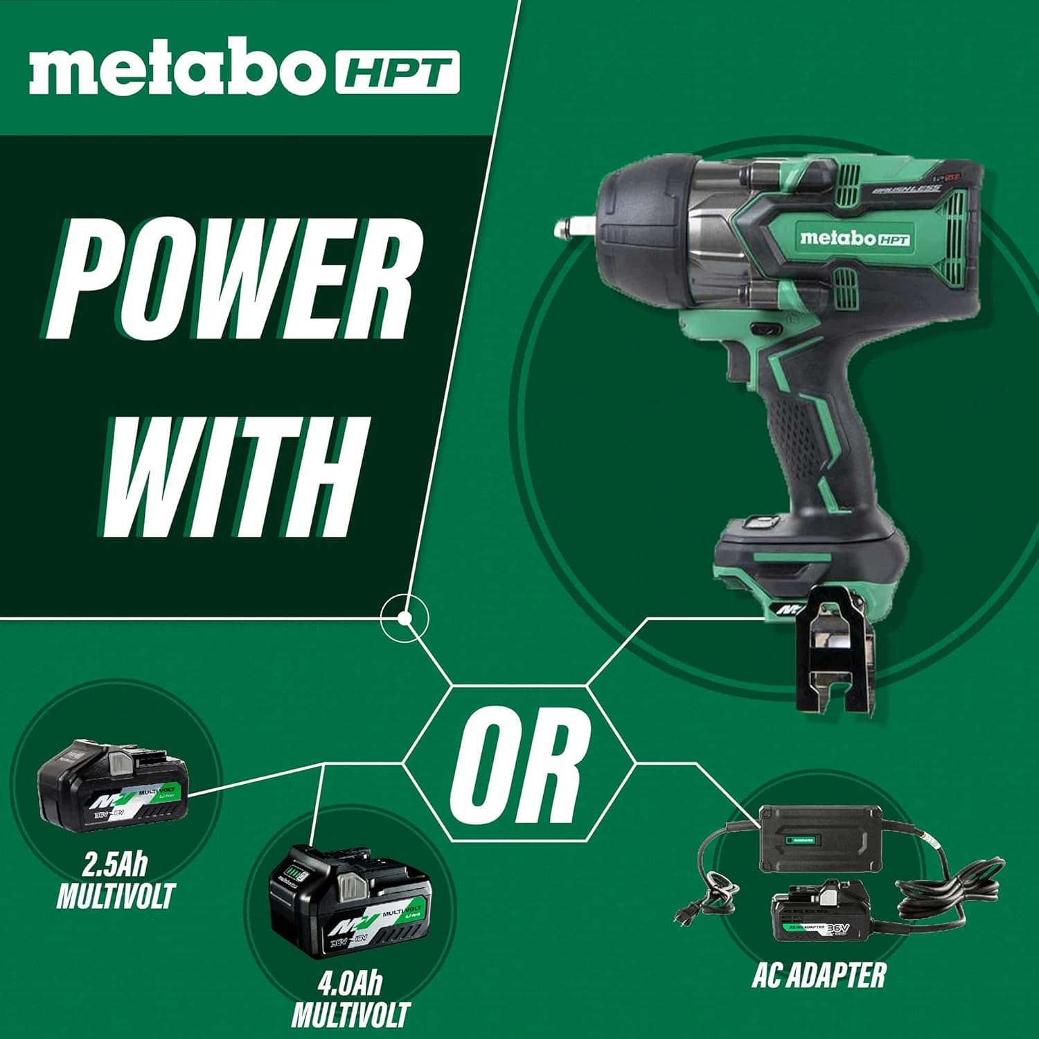 Metabo HPT 36V MultiVolt Impact Wrench | Tool Only - No Battery | 1/2-in Square Drive | High-Torque | Brushless Motor | WR36DBQ4, Green