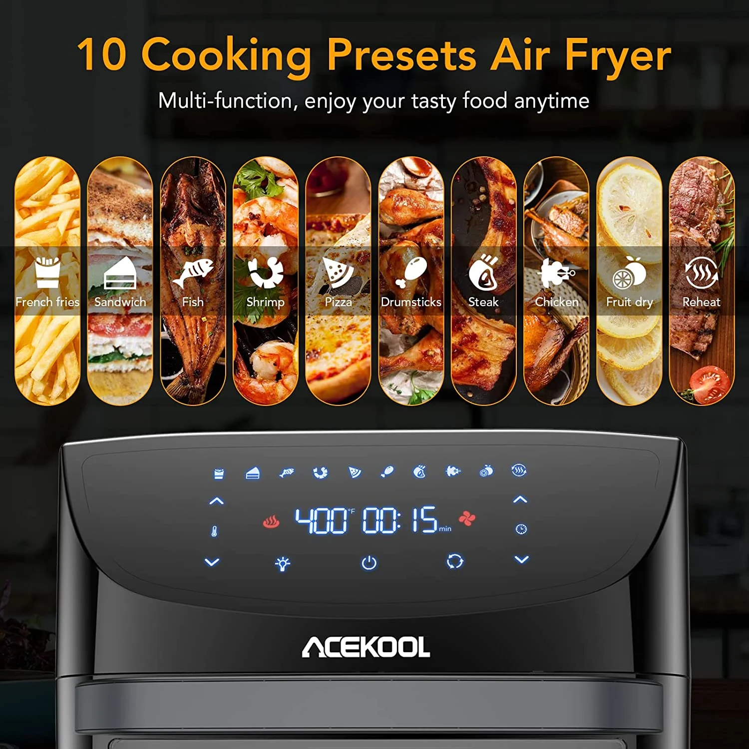 Air Fryer Oven 10-in-1, 20QT Acekool Large Airfryer Toaster Oven Combo 1800W Air Fryers with Rotisserie and Racks, Dehydrator, LED Digital Screen