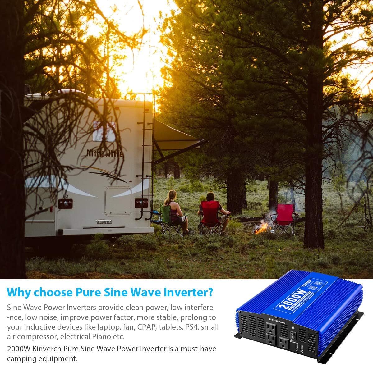 Kinverch 2000W Pure Sine Wave Inverter 12V DC to 110V AC Power Inverter for Car/Truck/RV with 3 AC Outlets &1USB Ports &Bluetooth Remote Control