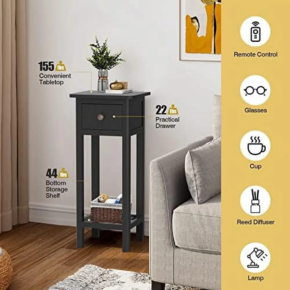 HJZUINIUNIU Narrow Side Table  Small End Table for Small Spaces  Farmhouse Acacia Wood Slim Side Table  Small Bedside Tables Thin Nightstand w/Drawer