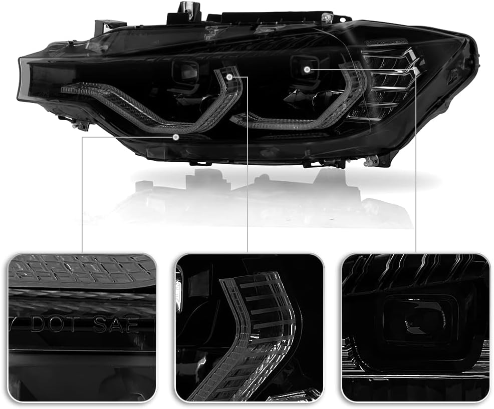 ACANII - For [Halogen Type] 2012-2015 BMW 320i 328i 335i Sedan Black Smoked DRL Tube Full LED Projector Headlights Pair