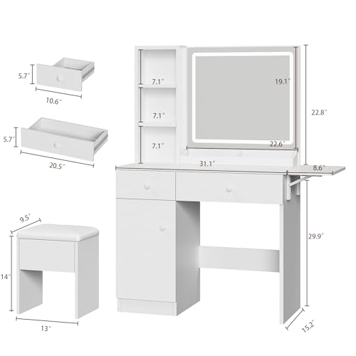 Haewon Makeup Vanity Desk with Mirror and Lights, White Vanity Table with Power Outlet and 3 Lighting Modes