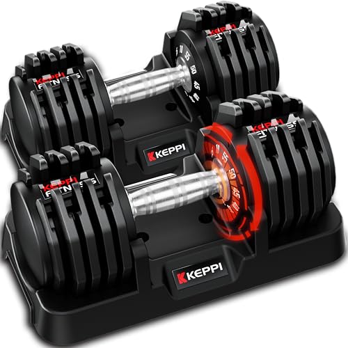 Keppi Adjustable Dumbbells Set-25lb/40lb/55lb/60lb, Anti-Slip Metal Fast Adjust Weight Handle, Exercise & Fitness for Full Body Workout