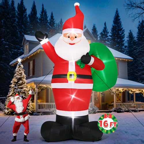 15FT Christmas Inflatables, Giant Inflatable Santa Claus Holding Gift Bags, Blow Up Christmas Santa Claus with 8pcs LED