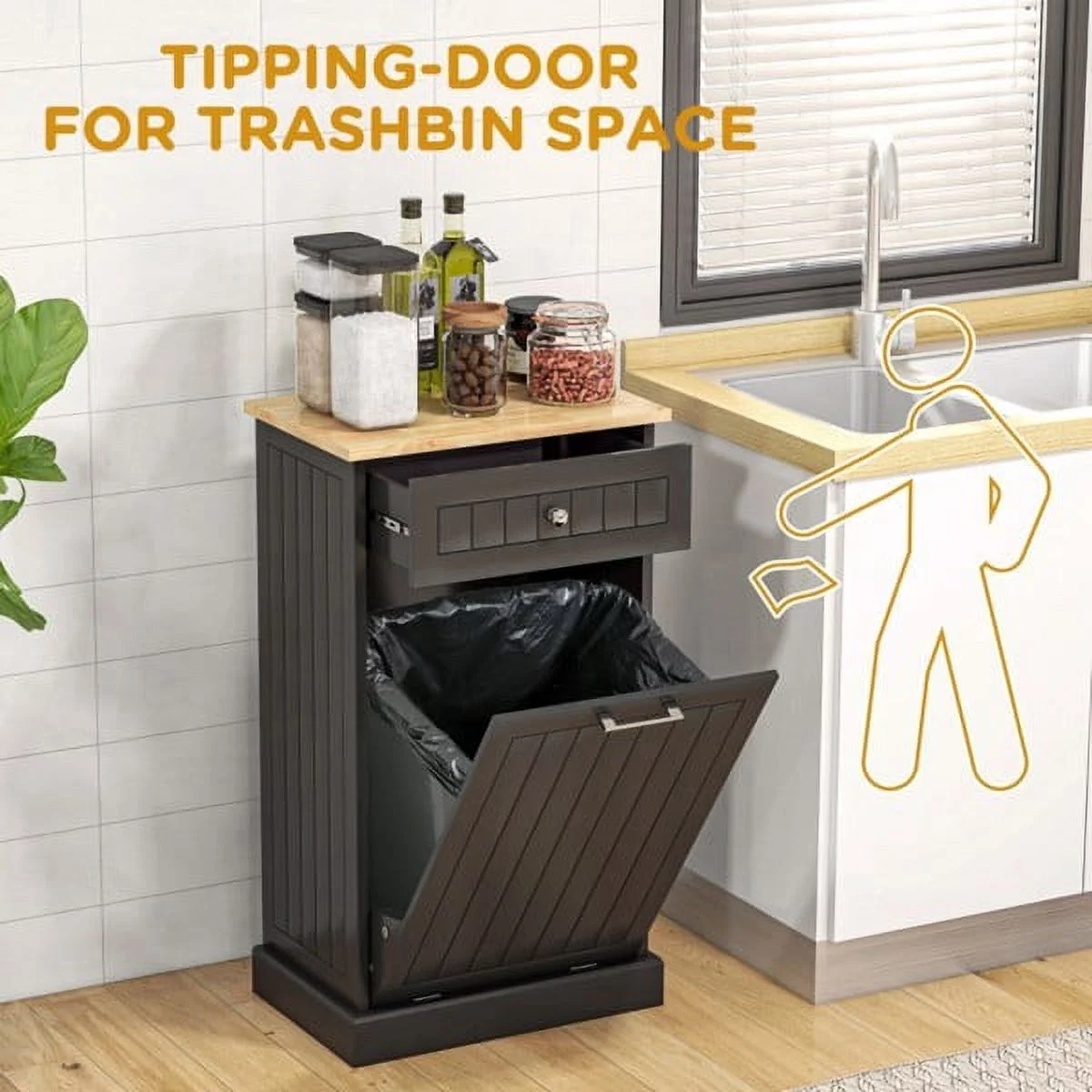 Kitchen Tilt Out Trash Bin Cabinet, ZPL Freestanding Laundry Sorter Cabinet,Trash Can Holder With Drawer, Freestanding Laundry Sorter Cabinet