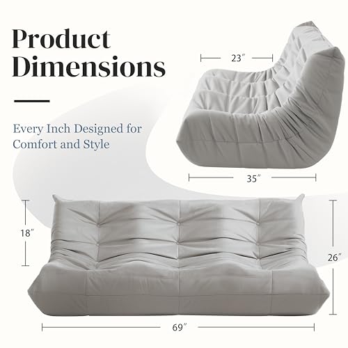 Bean Bag Chair for Adults - Suede & Microfiber Fireside Floor Chair, Comfortable Corner Lounge Sofa for Living Room, Bedroom, Office (3-Seater, Beige)