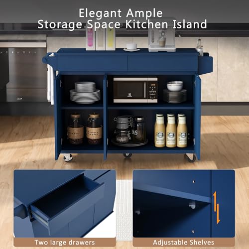 53.5''Farmhouse Kitchen Island with Power Outlet, Kitchen Storage Island with Drop Leaf, Spice Rack and Drawer, Rolling Kitchen Cart on Wheels