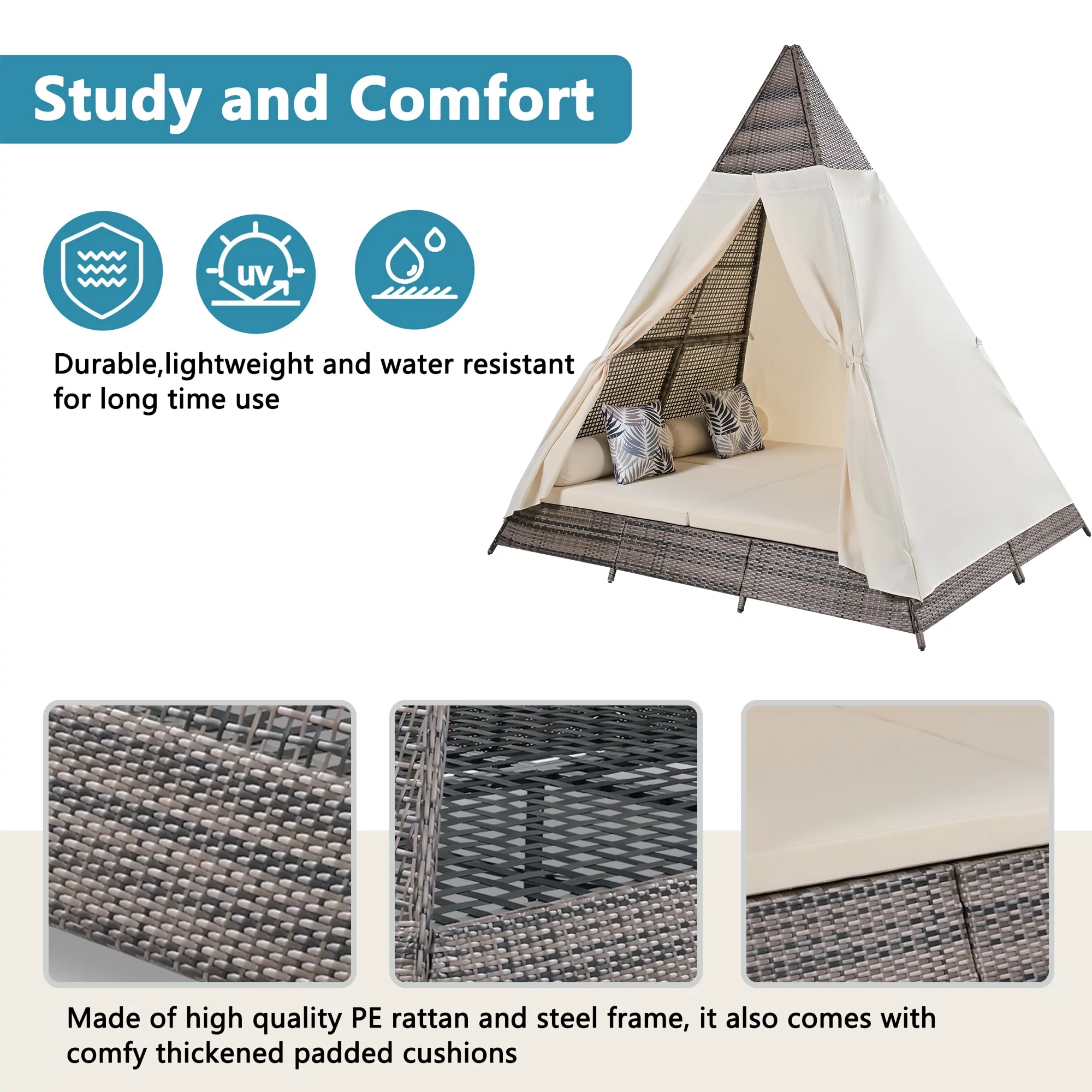 Syngar Outdoor Patio Sunbed with Removable Curtain, All Weather PE Wicker Tent-Shaped Daybed with Beige Cushions and Colorful Pillows