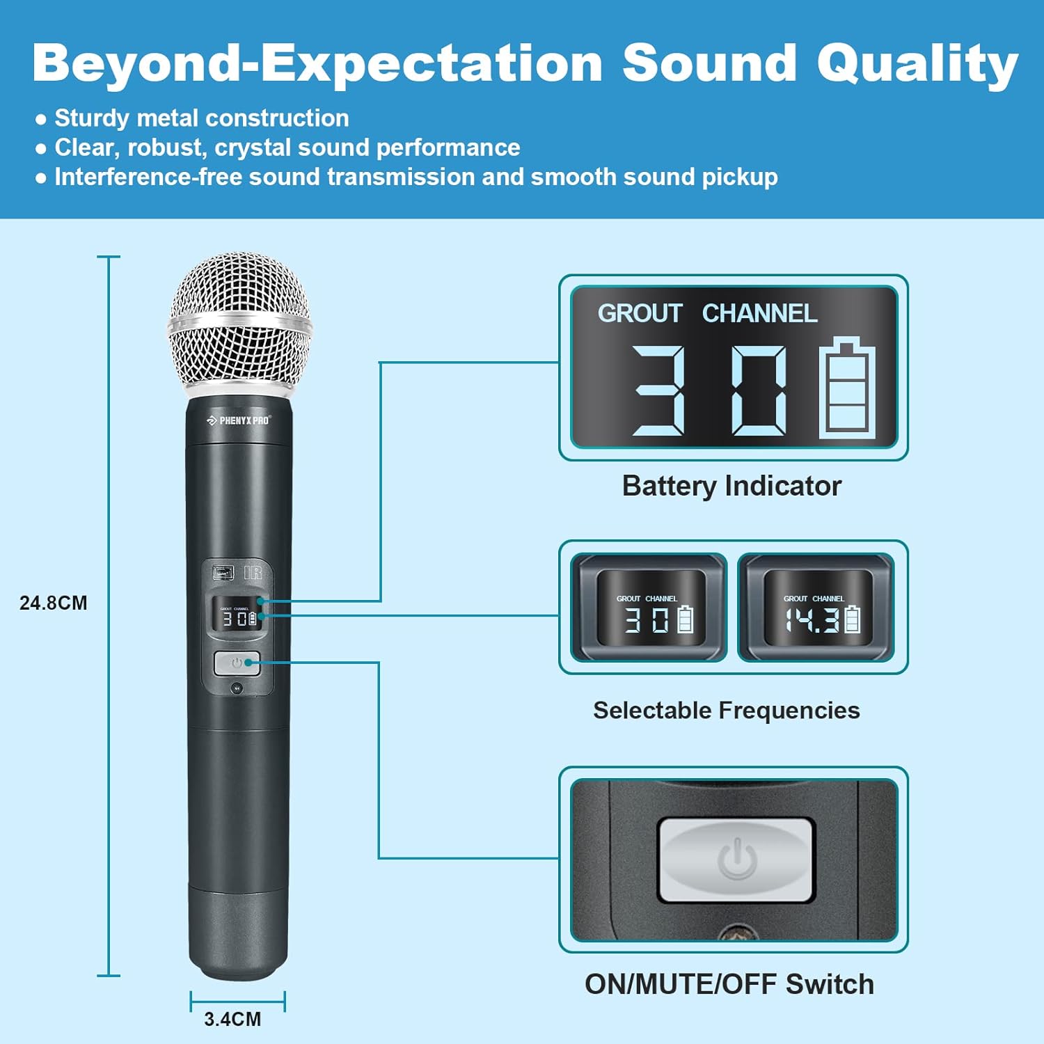 Wireless Microphone System, Phenyx Pro Dual Handheld Cordless Mic Set, 2x100 Channels, Auto Scan, Lock Function, Mute Function, 290-328ft Coverage