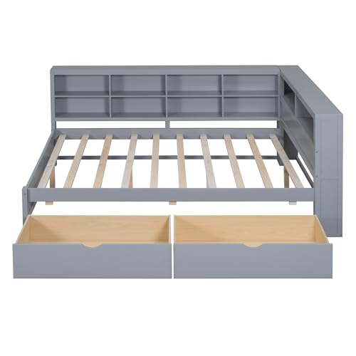Twin Size Daybed with Bookcase and Drawers, L-Shape Daybed with USB Ports and Storage Headboard