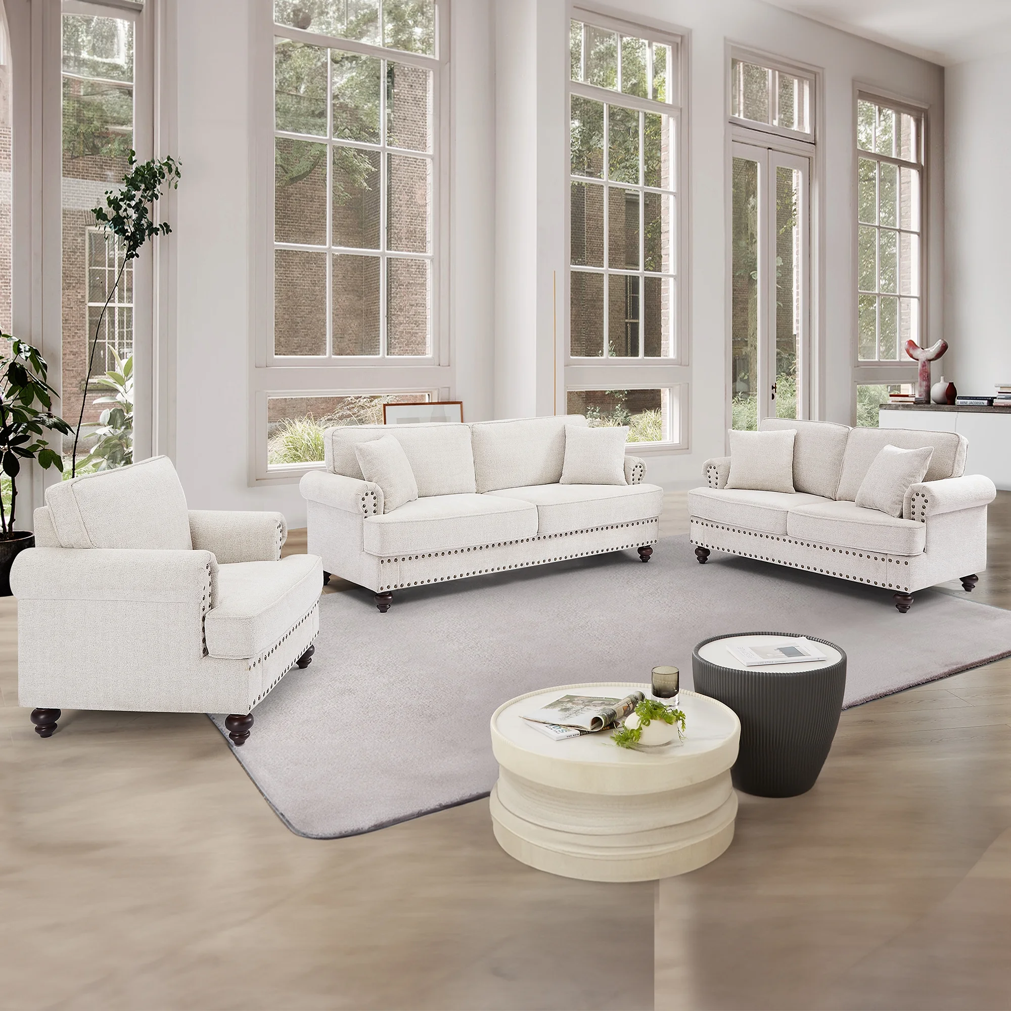 Muumblus Mid-Century Loveseat Sofa, 2 Seater Sofa with Nailhead, 61" Chenille Upholstered Couches for Living Room, White